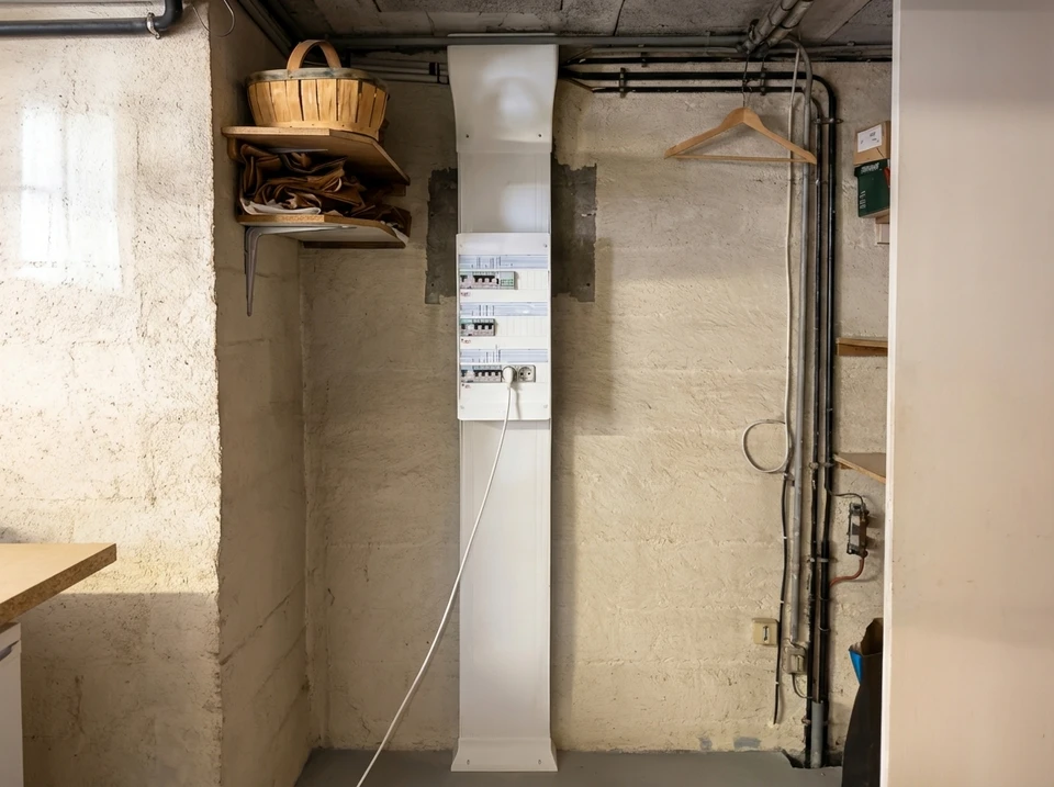Intérieur résidentiel, électricien effectuant des mesures sur installation électrique murale