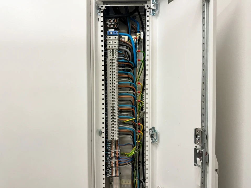 Gros plan sur des prises électriques noires est monté sur une armoire en bois dans un salon moderne et lumineux