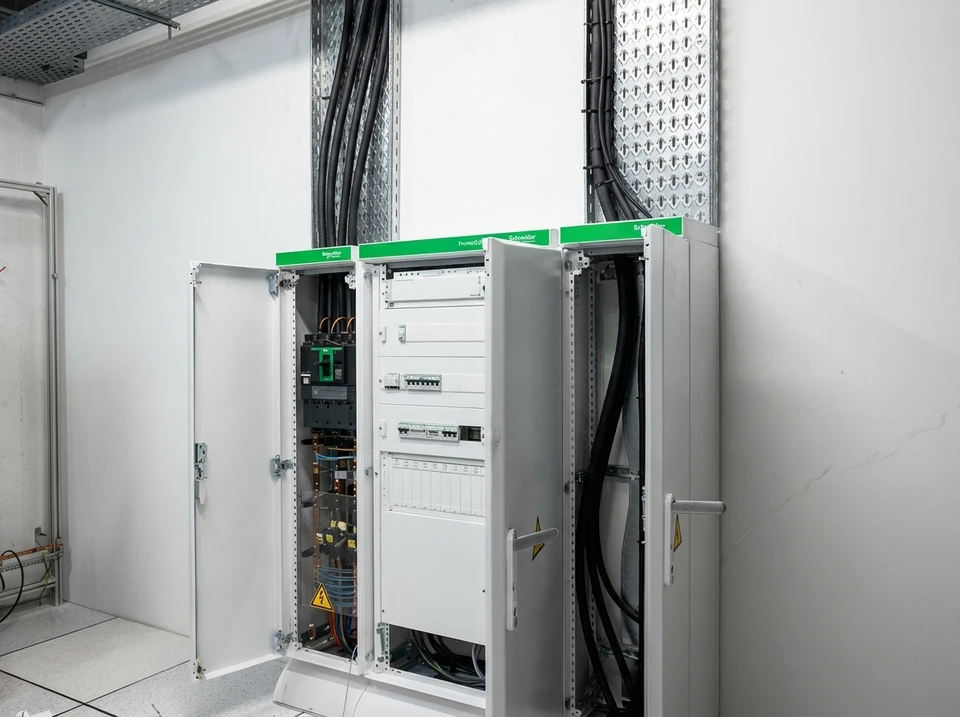 Espace de travail intérieur d'électricien avec outils professionnels disposés sur surface grise
