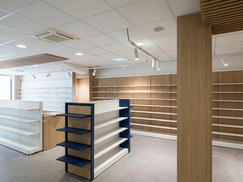 Un électricien en vêtements de travail et ceinture porte-outils en cuir transporte un rouleau de câble électrique blanc dans un environnement de chantier aux murs beiges