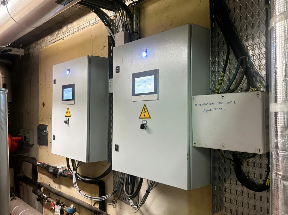 Intérieur d'armoire électrique avec technicien effectuant maintenance sur tableau de distribution
