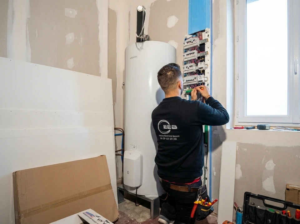 Un technicien manipule un disjoncteur dans un tableau électrique résidentiel ouvert