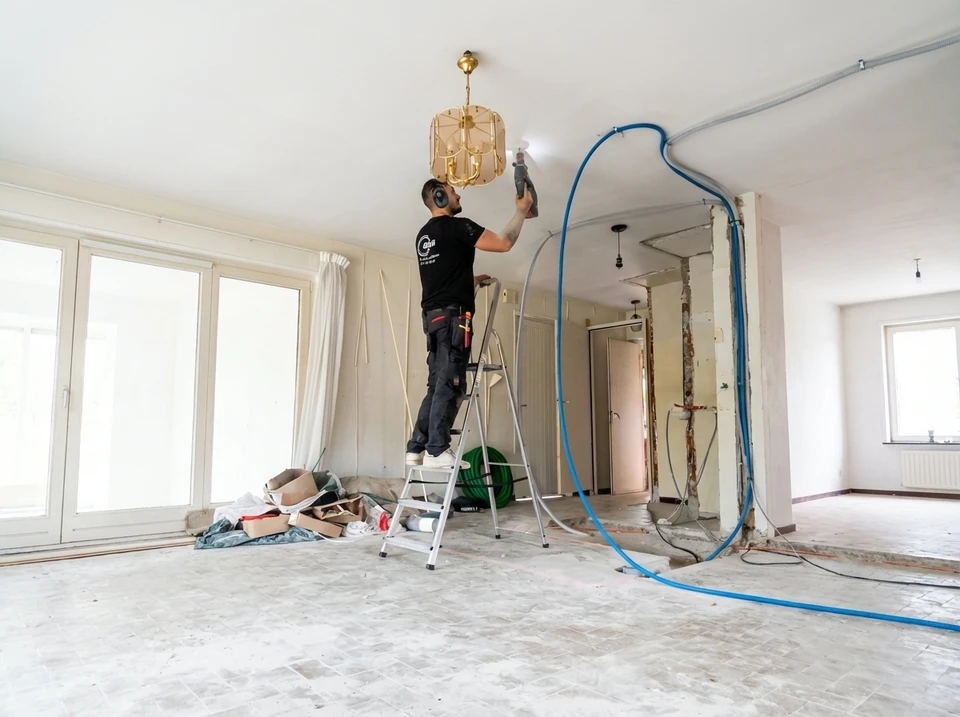 Intérieur de bâtiment en cours de rénovation avec ouvriers effectuant travaux d'aménagement