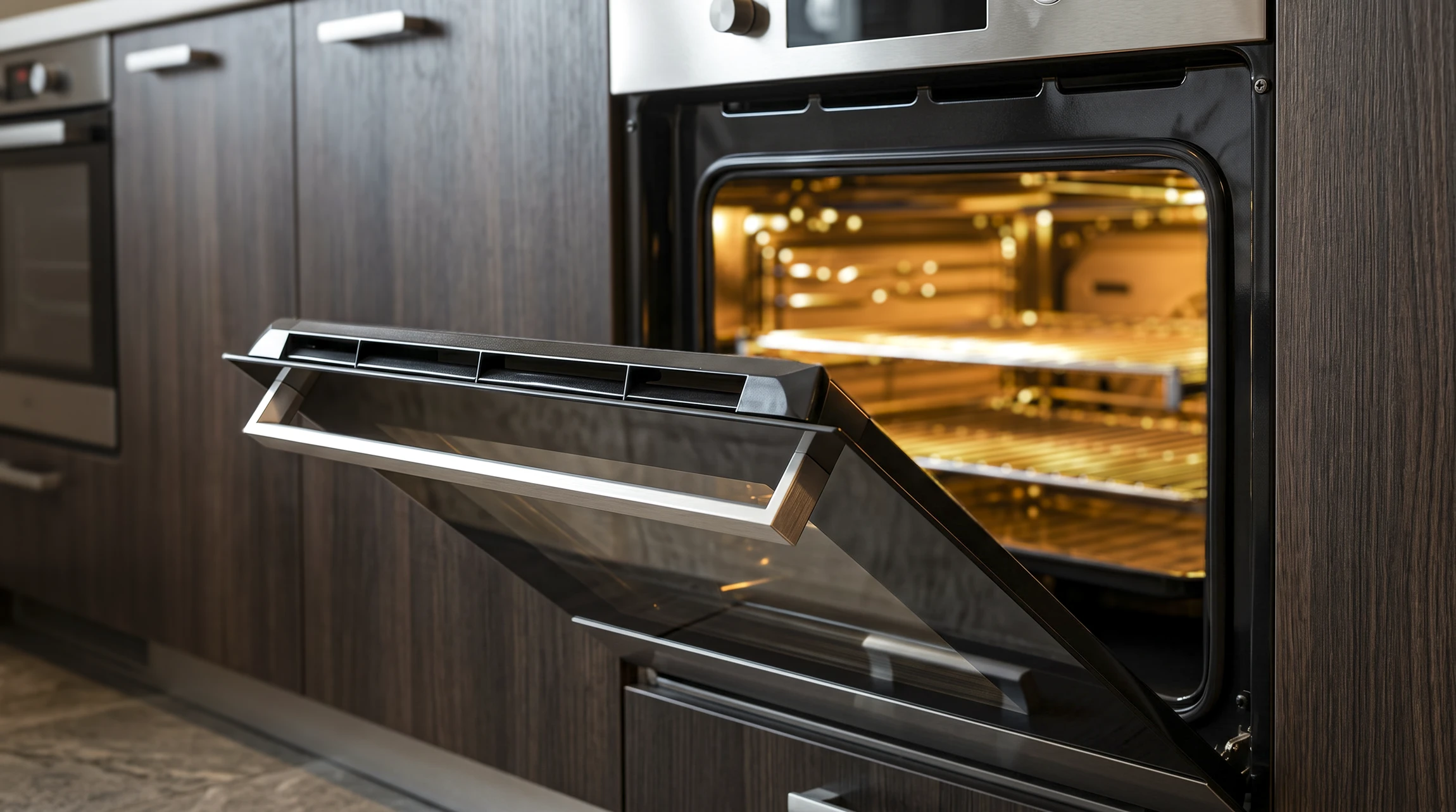 Cuisine moderne avec four encastré ouvert laissant échapper une lumière dorée
