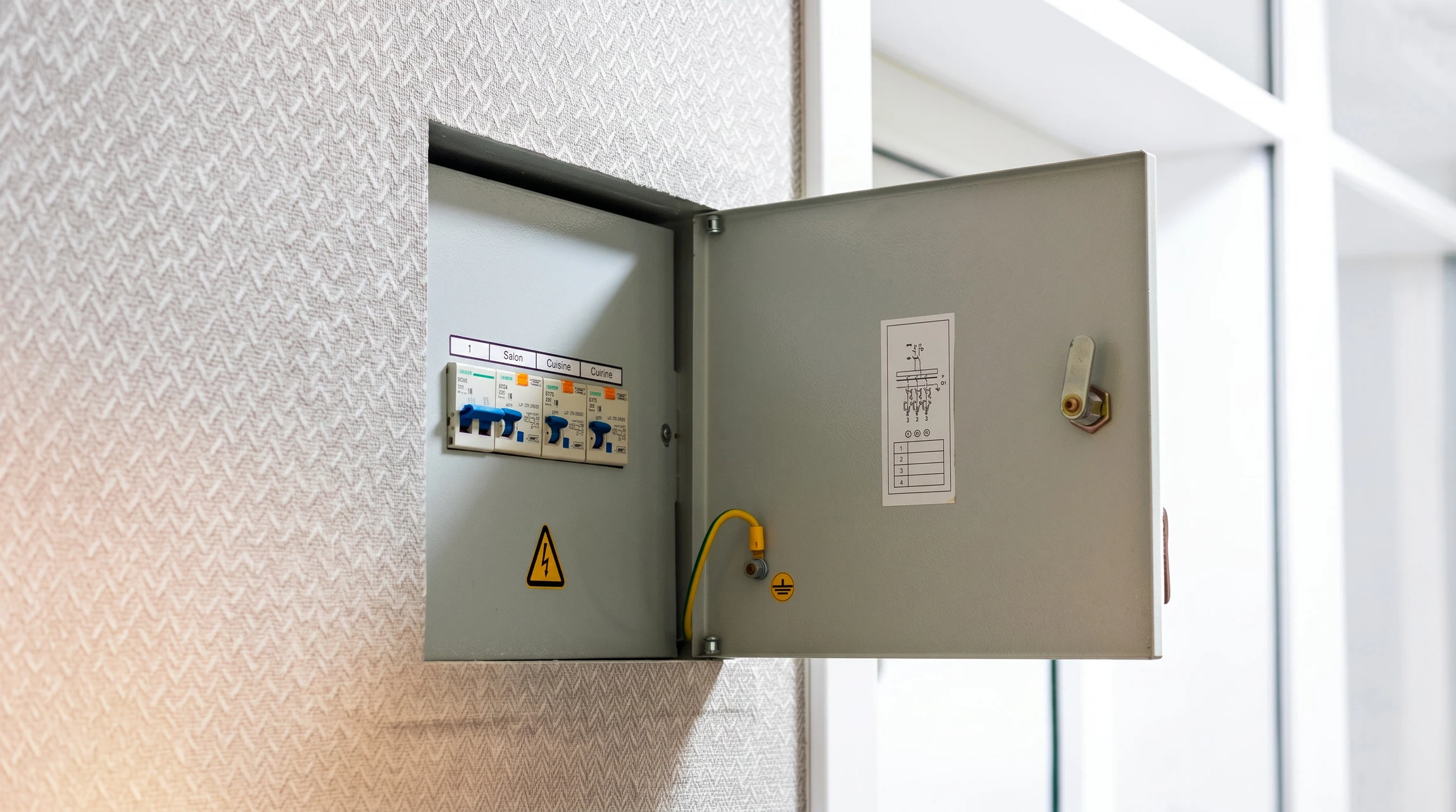Photographie en gros plan d'un tableau électrique résidentiel moderne aux normes, fraîchement installé ou rénové, montrant des disjoncteurs et protections de qualité marque reconnue (Legrand), dans un intérieur résidentiel, avec un éclairage naturel ou professionnel mettant en valeur les équipements. L'image doit transmettre la modernité, la sécurité et la qualité professionnelle de l'installation.